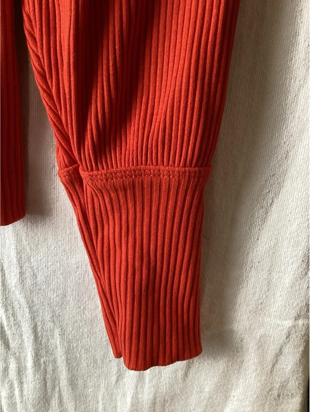Free People Candy Red Ribbed Mock Neck Puff Sleeve Top Medium NWT Stretch Fitted